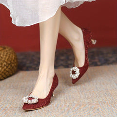 Circle Faux Pearl Kitten Heels Pointed Toe Slip On Low Heels