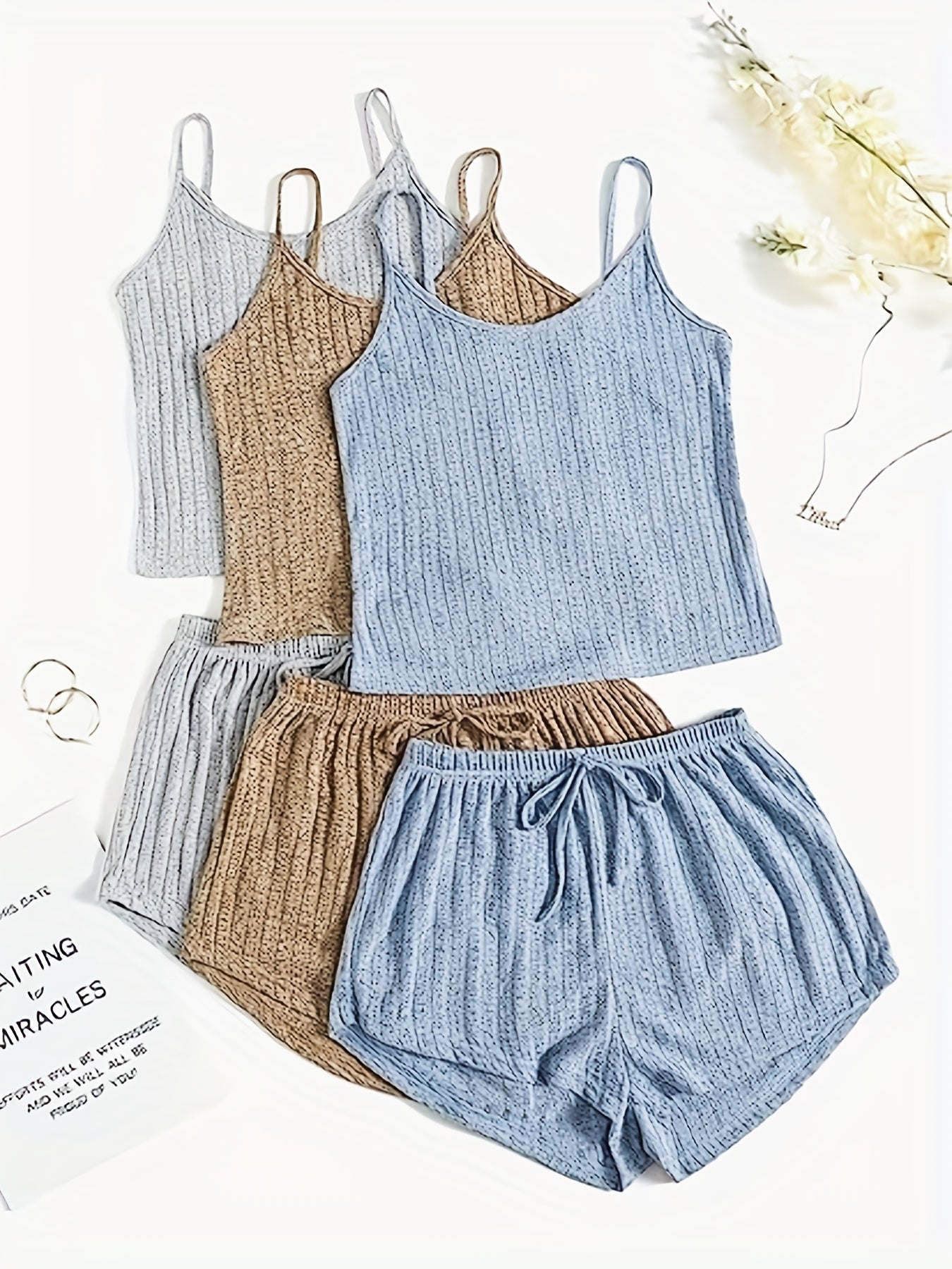 Ribbed Knit Cami Top & Tie Shorts Pajama Set