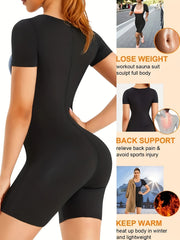 Short Sleeve Sauna Sweat Bodysuit Slim Zip Jumpsuit Women's Active