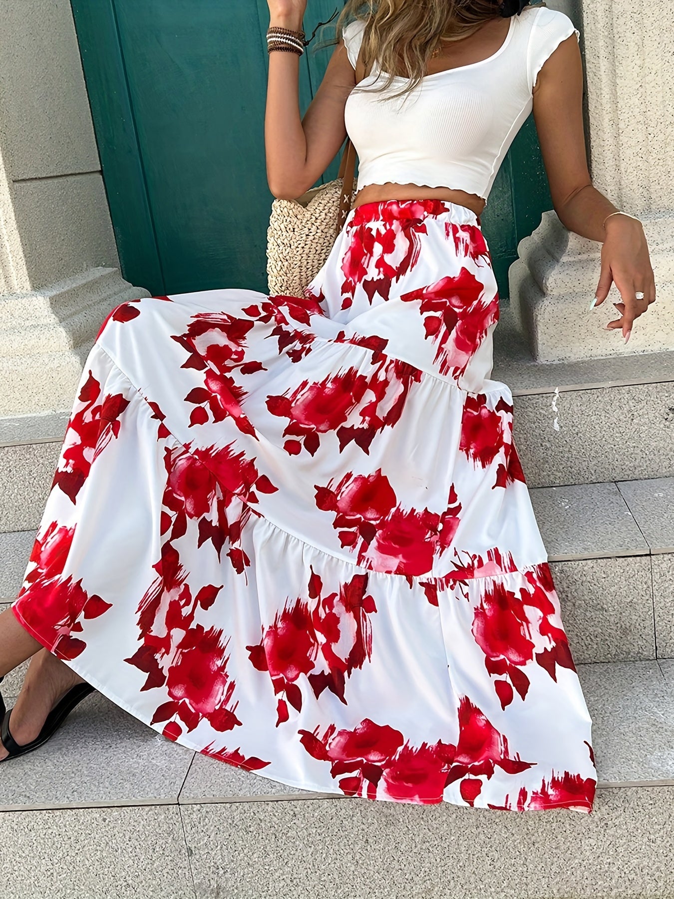 Floral Print Elastic Waist Long Skirt for Women