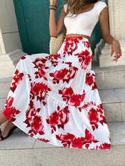 Floral Print Elastic Waist Long Skirt for Women