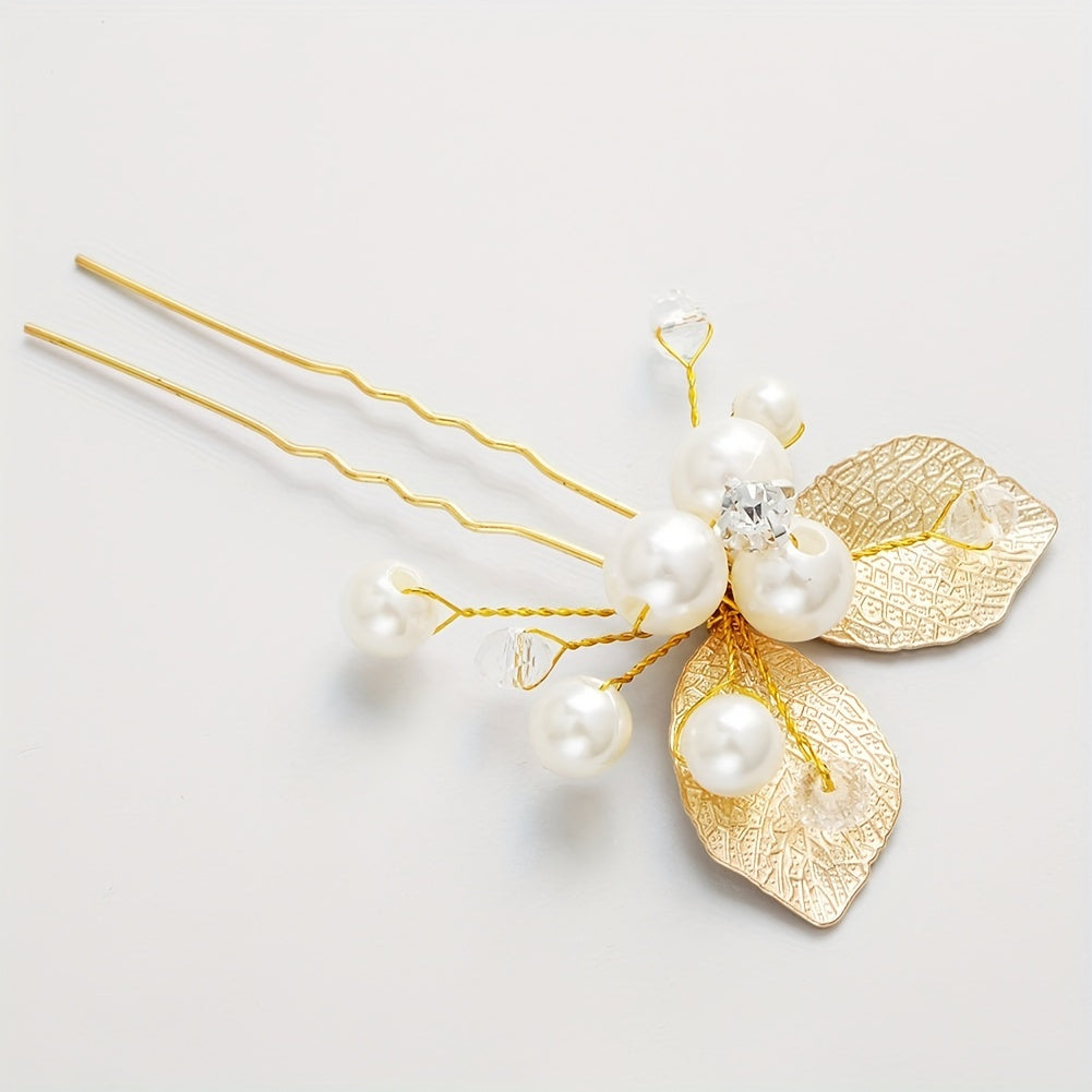Golden Leaf Rhinestone Pearl Hairpin Bridal Bobby Pin Wedding Hair Accessories
