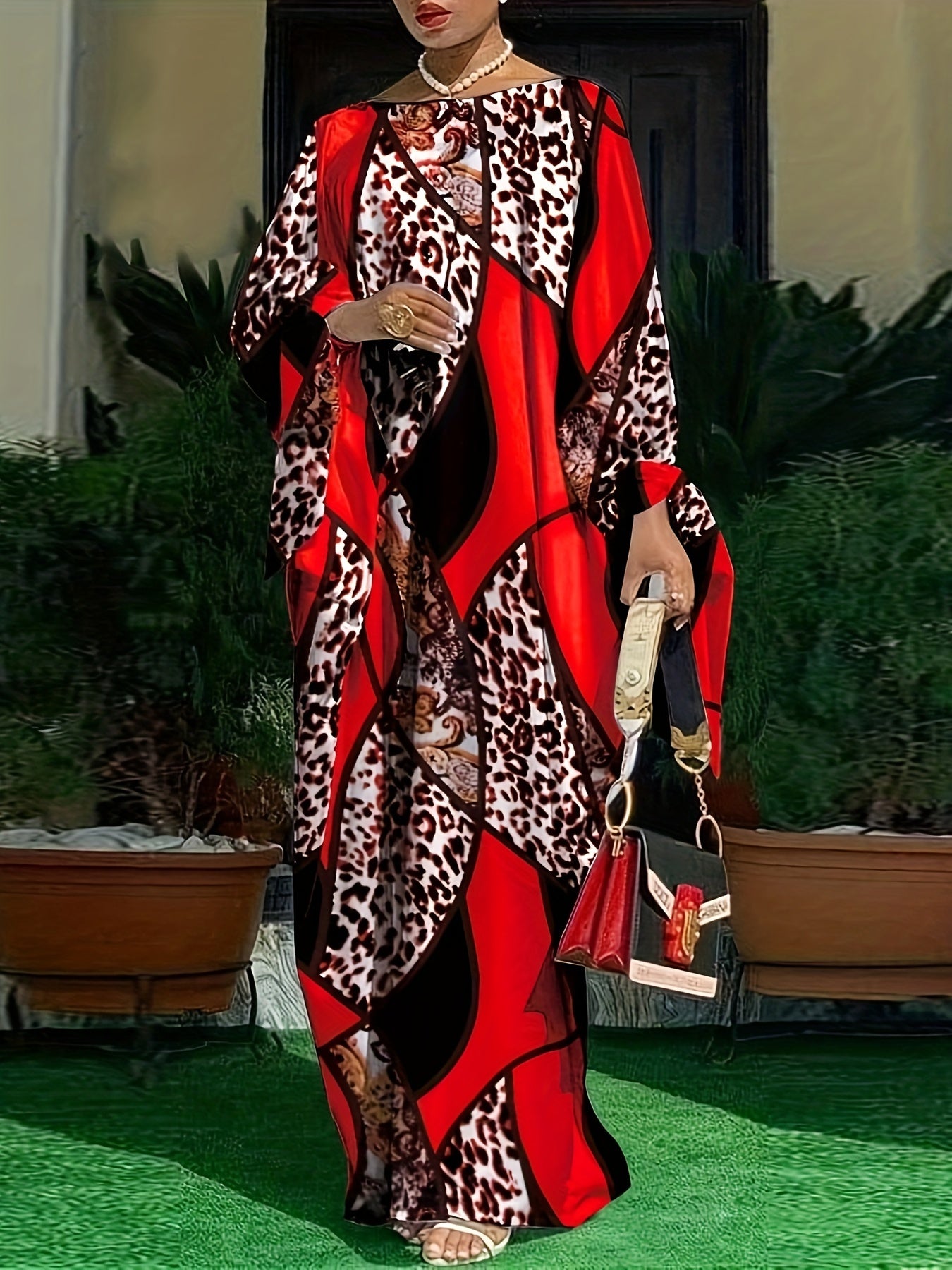 Women's Plus Baroque Print Batwing Sleeve Kaftan Dress