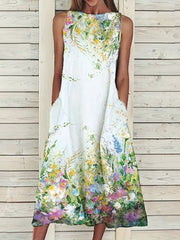 Floral Print Sleeveless Dress Casual Summer Midi Dress With Pockets