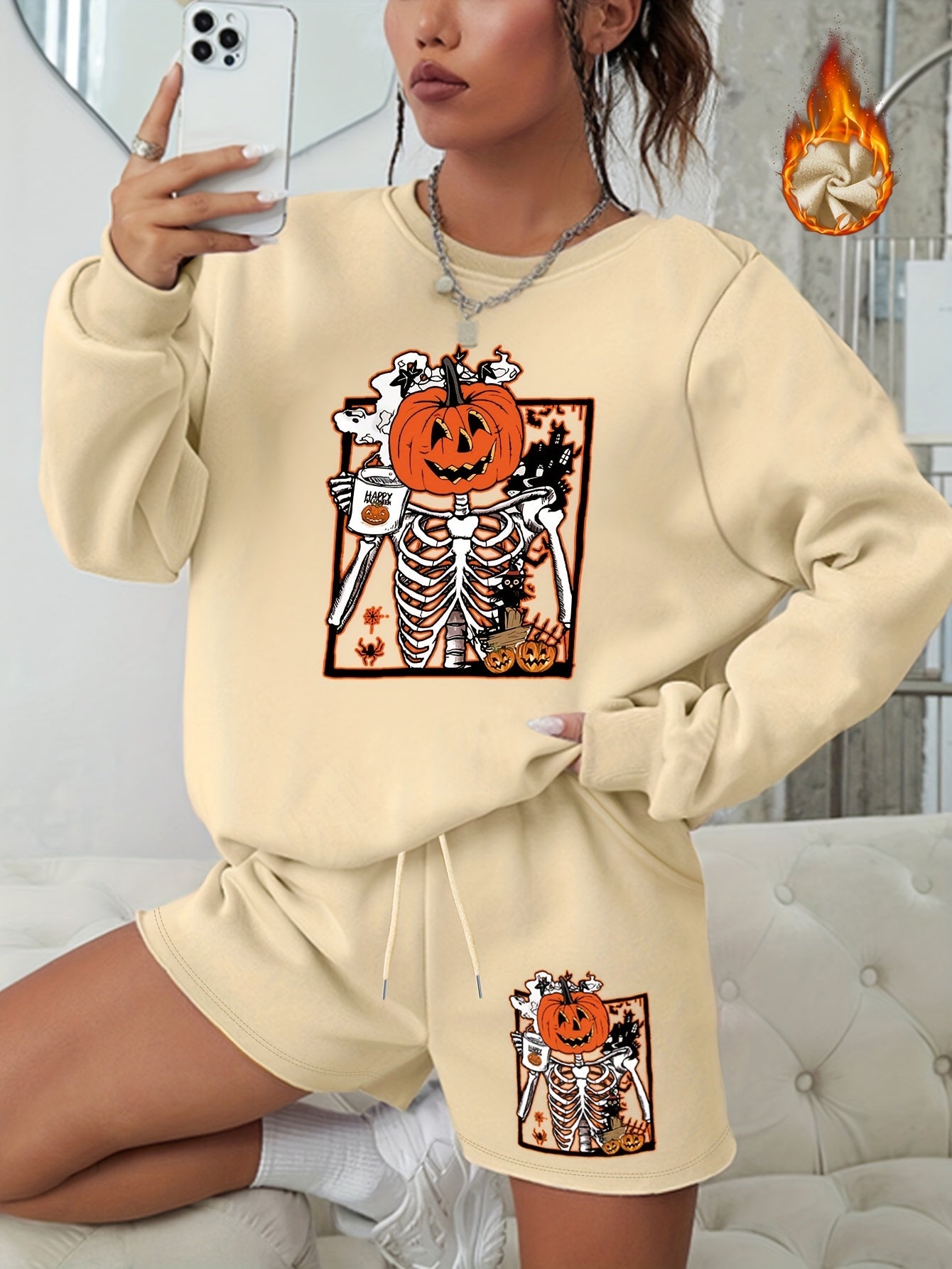 Halloween Graphic Print Sweatshirt & Shorts Set