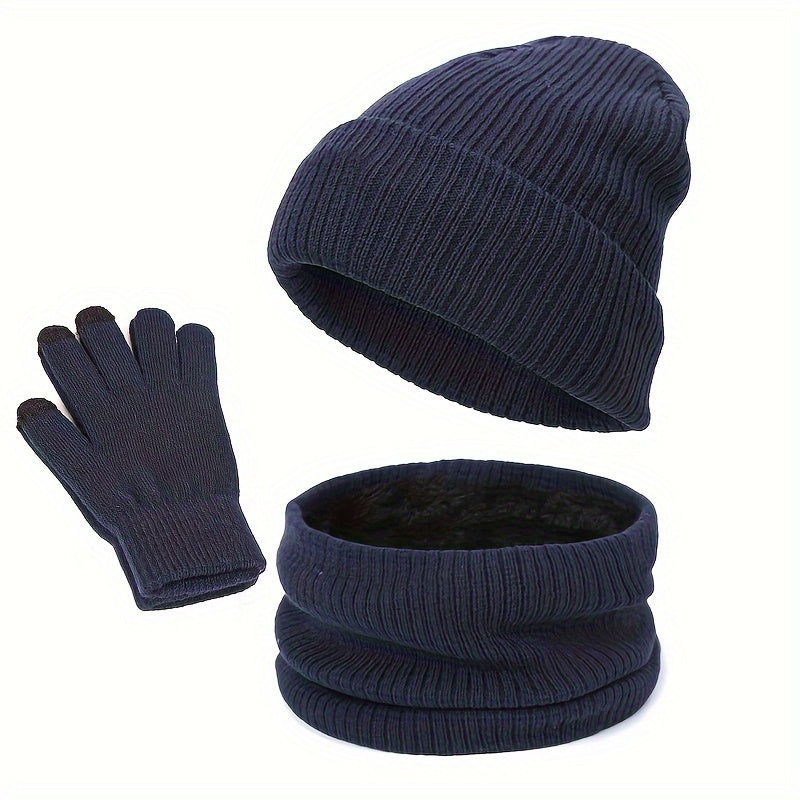 Winter Warm Hat Scarf Gloves Set Windproof Knitted Beanie for Men Women