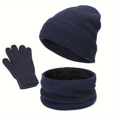 Winter Warm Hat Scarf Gloves Set Windproof Knitted Beanie for Men Women