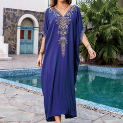 Embroidered Boho Kaftan Dress V Neck Beach Cover Up