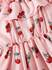 Girls Cherry Print Ruffle Shoulder Sleeveless Dress for Summer