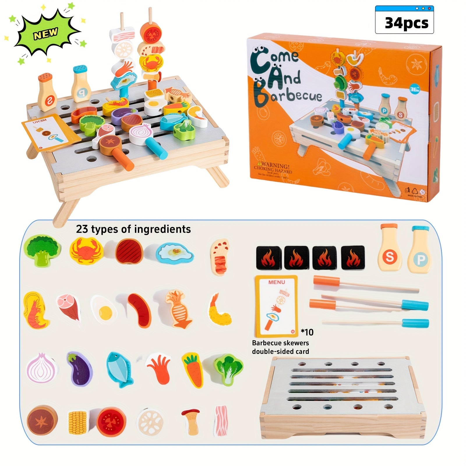 Wooden BBQ Toy Set 34pcs Kitchen Toys Little Barbecue Host Realistic Food