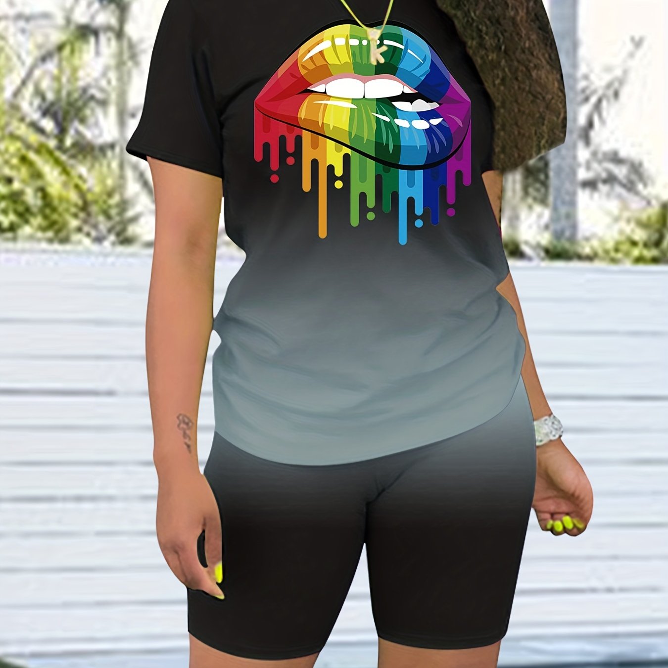 Lips Print 2pcs Set Short Sleeve T Shirt & Biker Shorts
