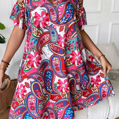 Paisley Print Cold Shoulder V Neck Dress