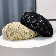 Crochet Hollow Beret Cap Breathable Straw Beanie Women Painter Hat