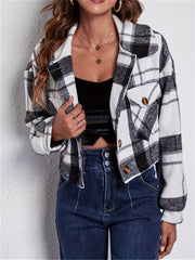 Plaid Crop Jacket Long Sleeve Casual Winter Clothing