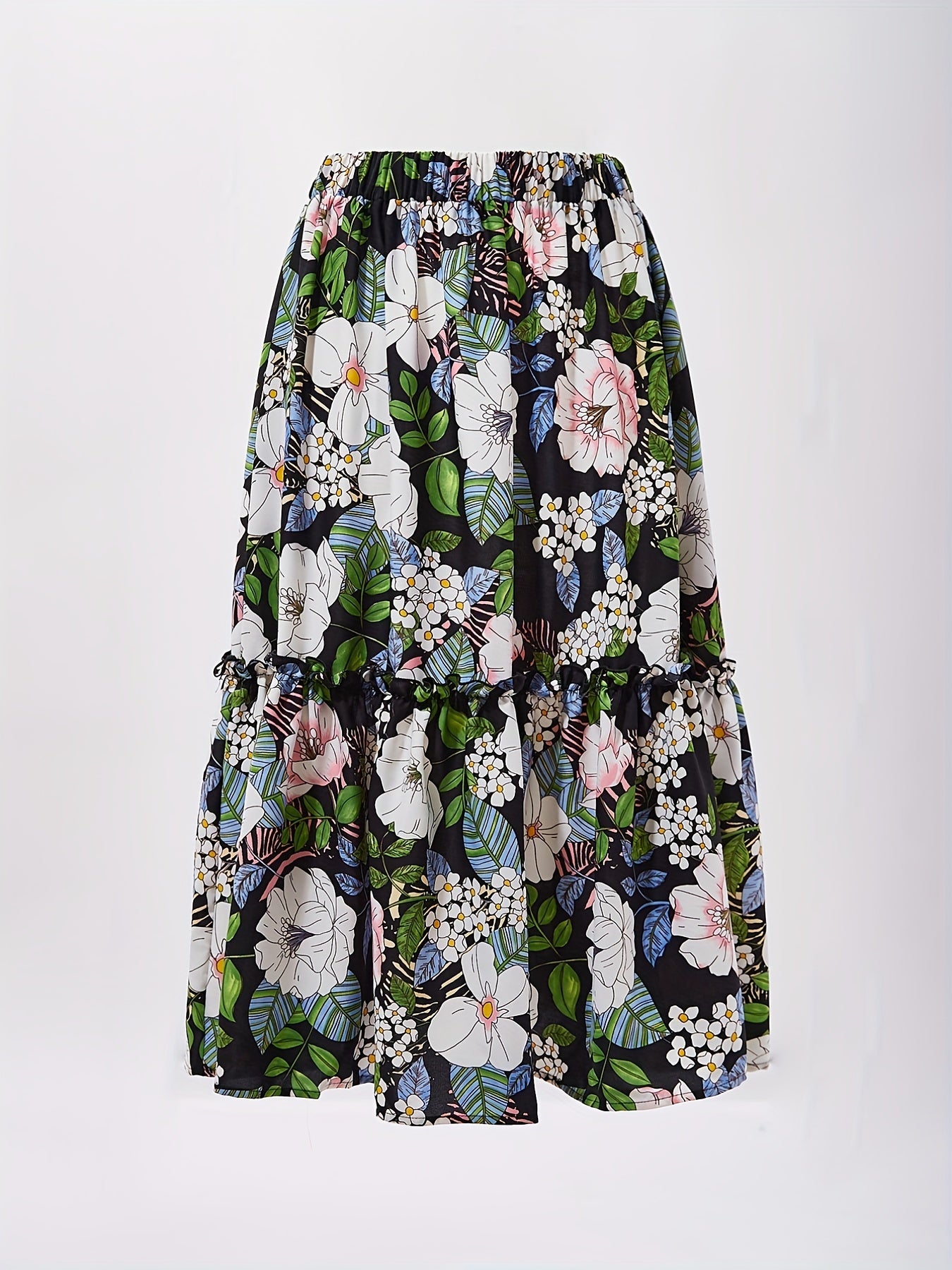 Floral Print Tiered Skirts Elastic Waist Ruffle Trim Skirts
