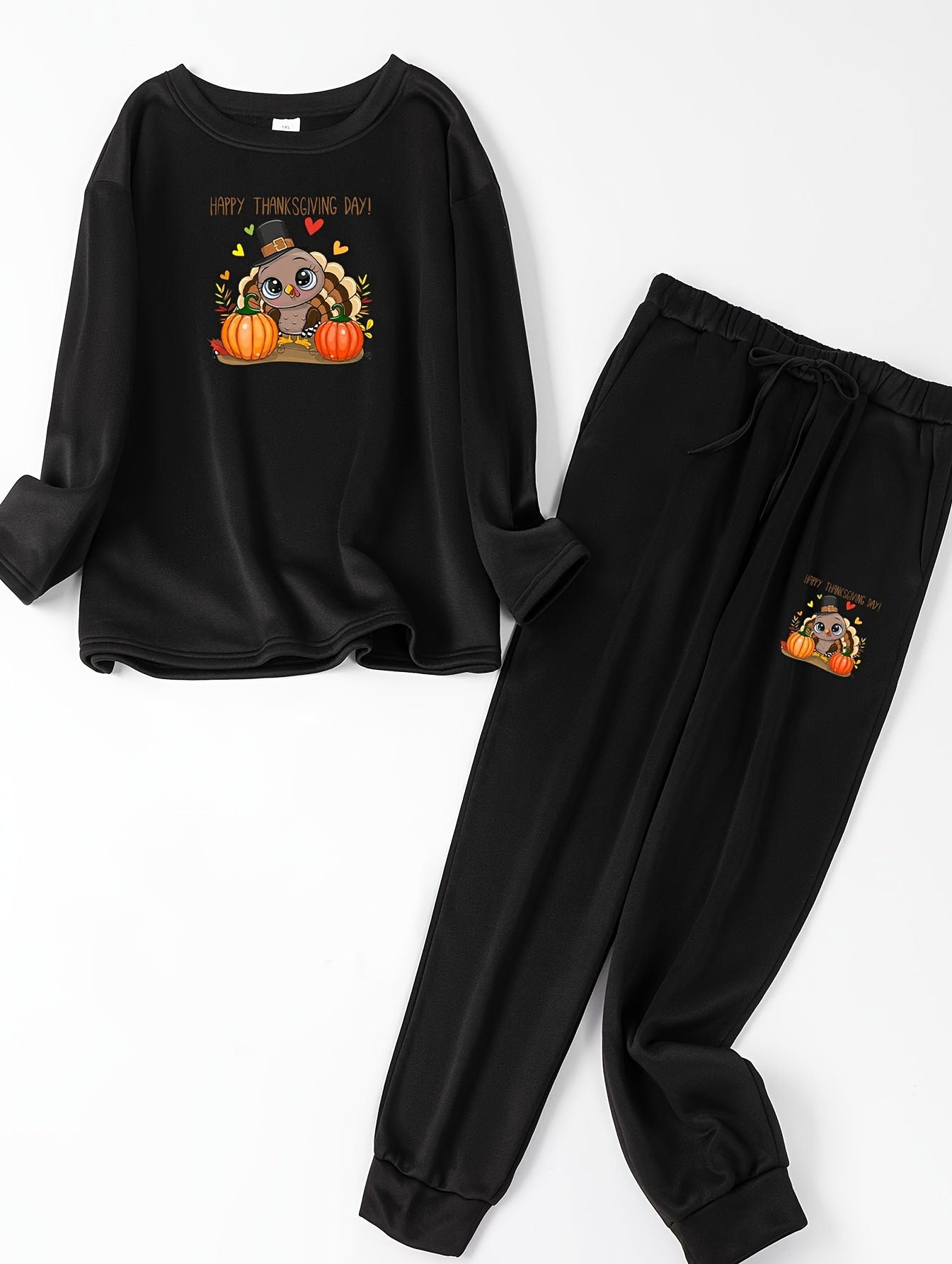 Turkey & Pumpkin Print Fleece Top & Joggers Pajamas Set