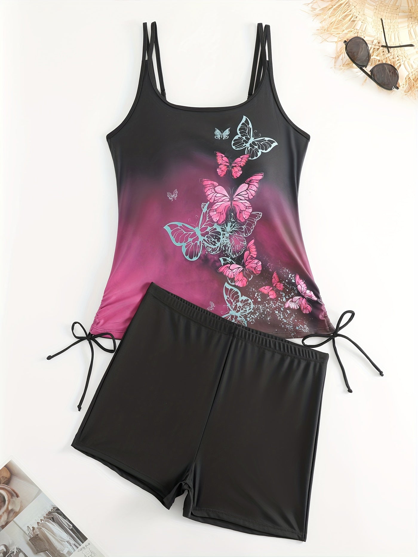 Ombre & Butterfly Print Lace Up Tankini Set