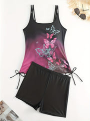 Ombre & Butterfly Print Lace Up Tankini Set