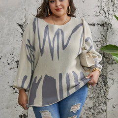 Graphic Print Off Shoulder Sweater Women's Plus Lantern Sleeve Knitwea