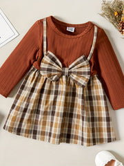 Baby Girl Ribbed Long Sleeve Plaid Bowknot Dress