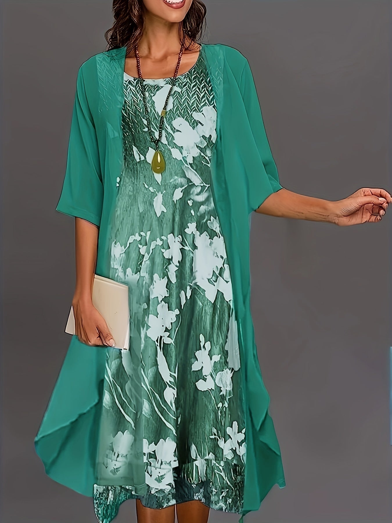 Long Cardigan & Floral Print Dress Set for Women