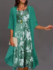 Long Cardigan & Floral Print Dress Set for Women