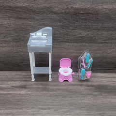 Doll Toy Set with Wash Basin, Toilet, Bed, Chair & Accessories