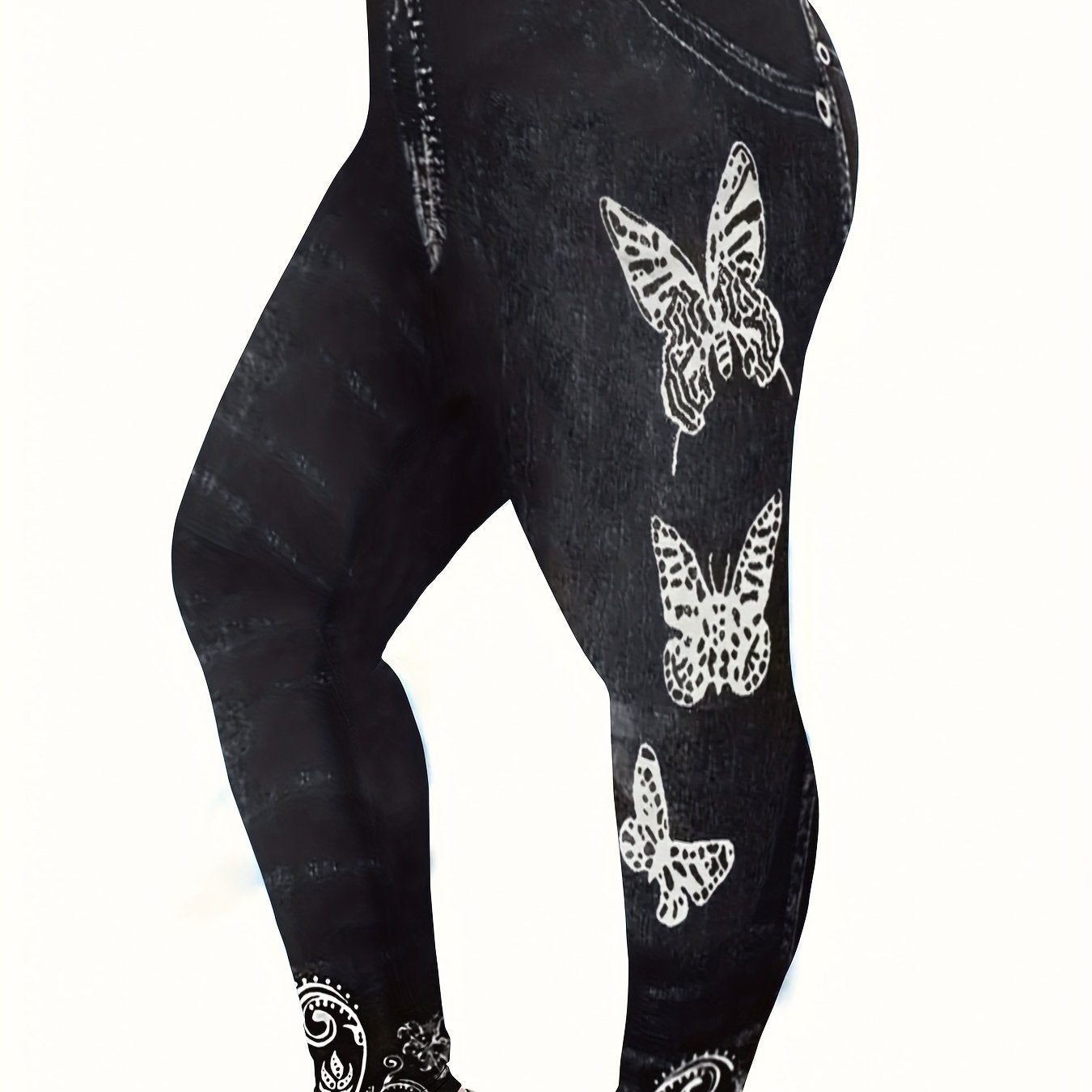 Denim & Butterfly Print High Rise Leggings
