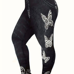 Denim & Butterfly Print High Rise Leggings