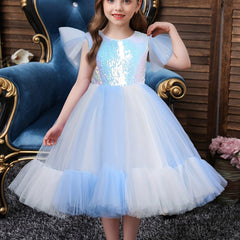Girls Ruffled Sleeves Puffy Princess Dress Sequin Block Tulle Tutu Dress