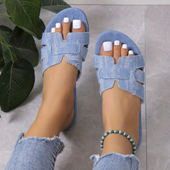 Women's Denim Slide Sandals Stylish Open Toe Slip On Flat Slide Shoes