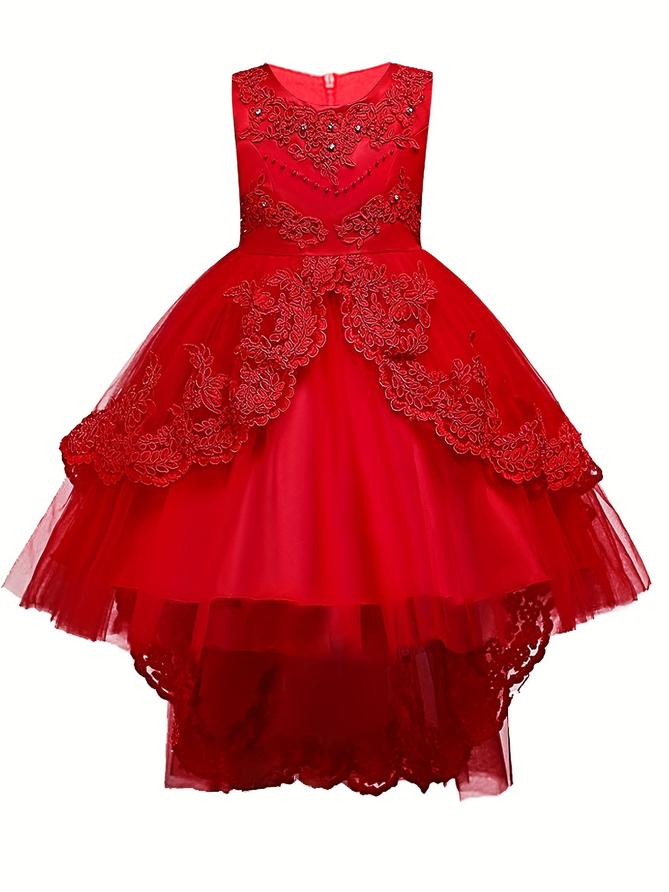 Girls Puffy Princess Dress Sleeveless Beaded Flowers Embroidery Tulle Lace Tutu