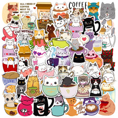 50 Pcs Cat Coffee Cup Waterproof Sticker DIY Toy Sealing Sticker