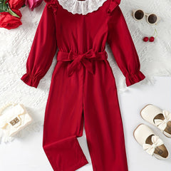 Toddler Girls Lace Neck Belted Rompers Jumpsuits for Beach Vacation