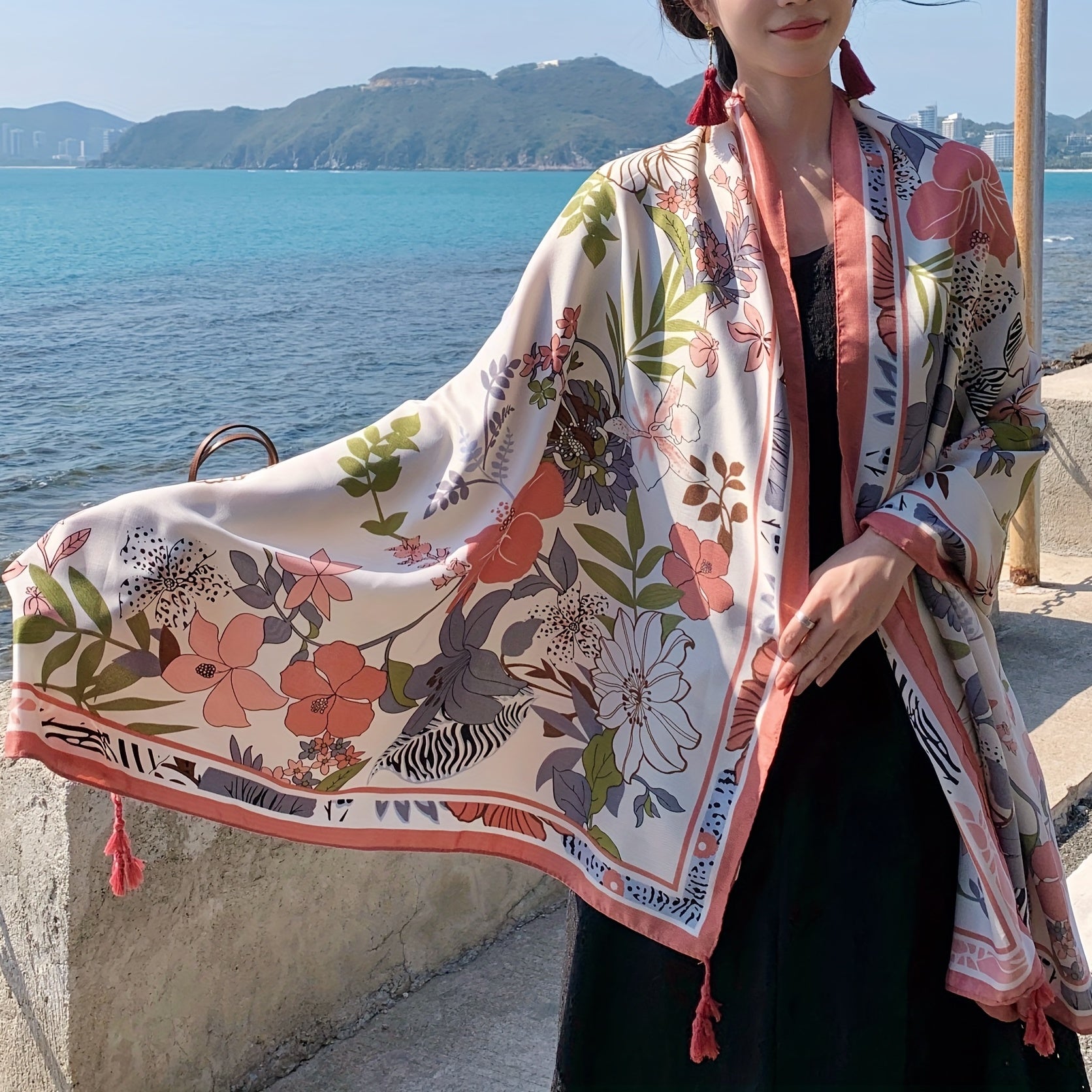 Pink Flower Print Tassel Scarf Boho Shawl Outdoor Sunscreen Head Wrap