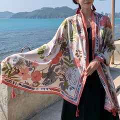 Pink Flower Print Tassel Scarf Boho Shawl Outdoor Sunscreen Head Wrap