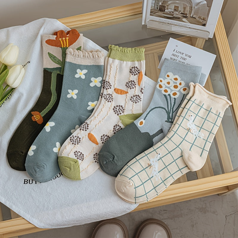 5 Pairs Floral Print Socks & Ruffle Curling Stockings