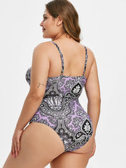 Floral Print Ring Belt One Piece Swimsuit Plus Size