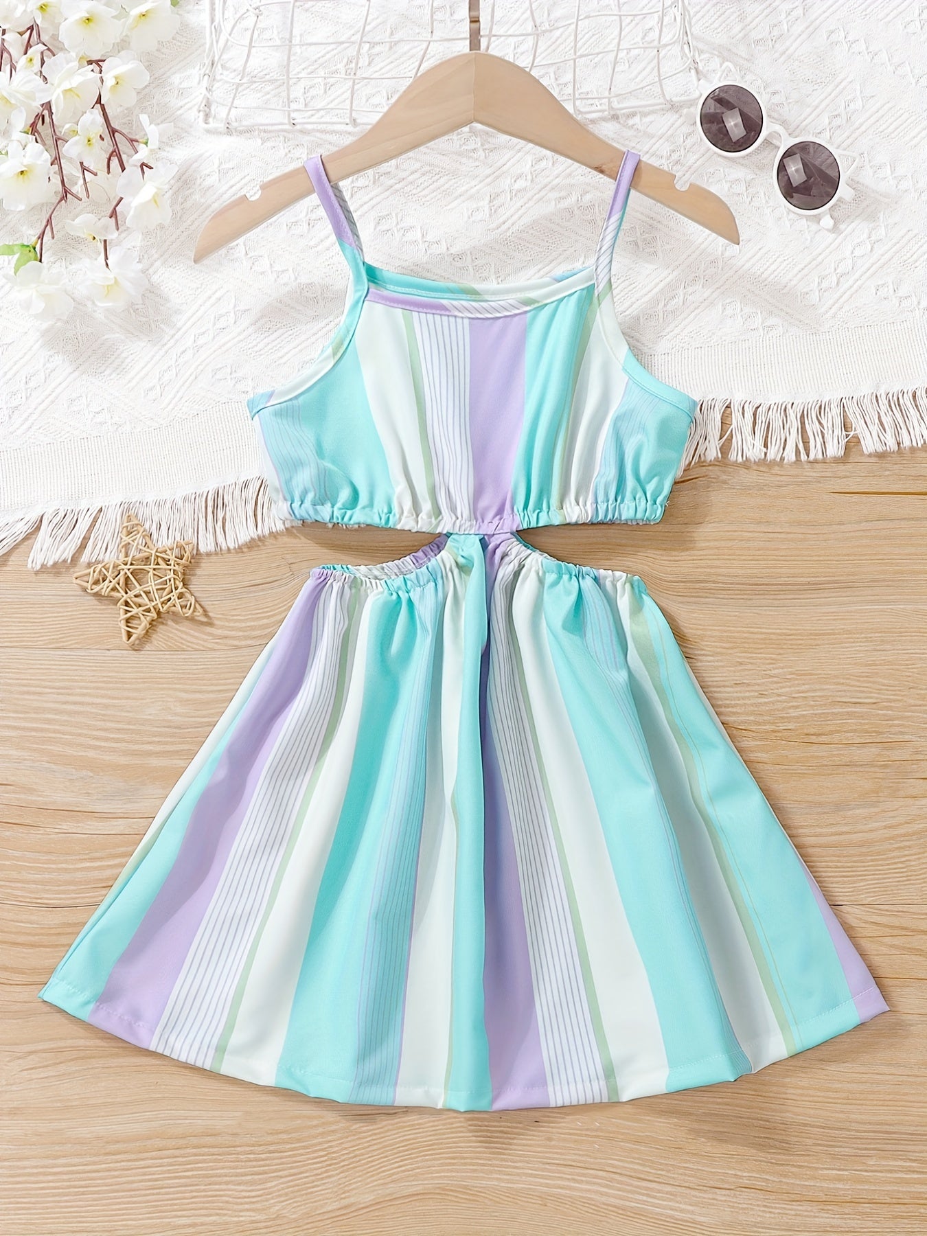 Girls Rainbow Striped Cut out Waist Cami Dress Sleeveless A Line Flared Dresses
