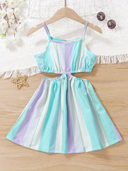 Girls Rainbow Striped Cut out Waist Cami Dress Sleeveless A Line Flared Dresses