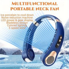 2-in-1 Neck Fan Leafless Air Cooler Fast Charging 5 Gears LED Display