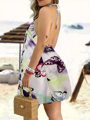 Boho Loungewear Dress Tie Dye & Butterfly Print Halter Cami Nightdress