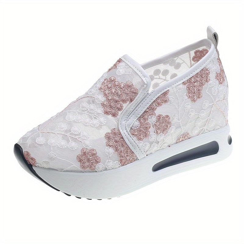 Floral Embroidered Sneakers Mesh Platform Shoes Inner Wedge Heel