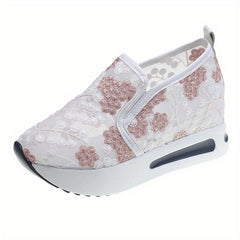 Floral Embroidered Sneakers Mesh Platform Shoes Inner Wedge Heel