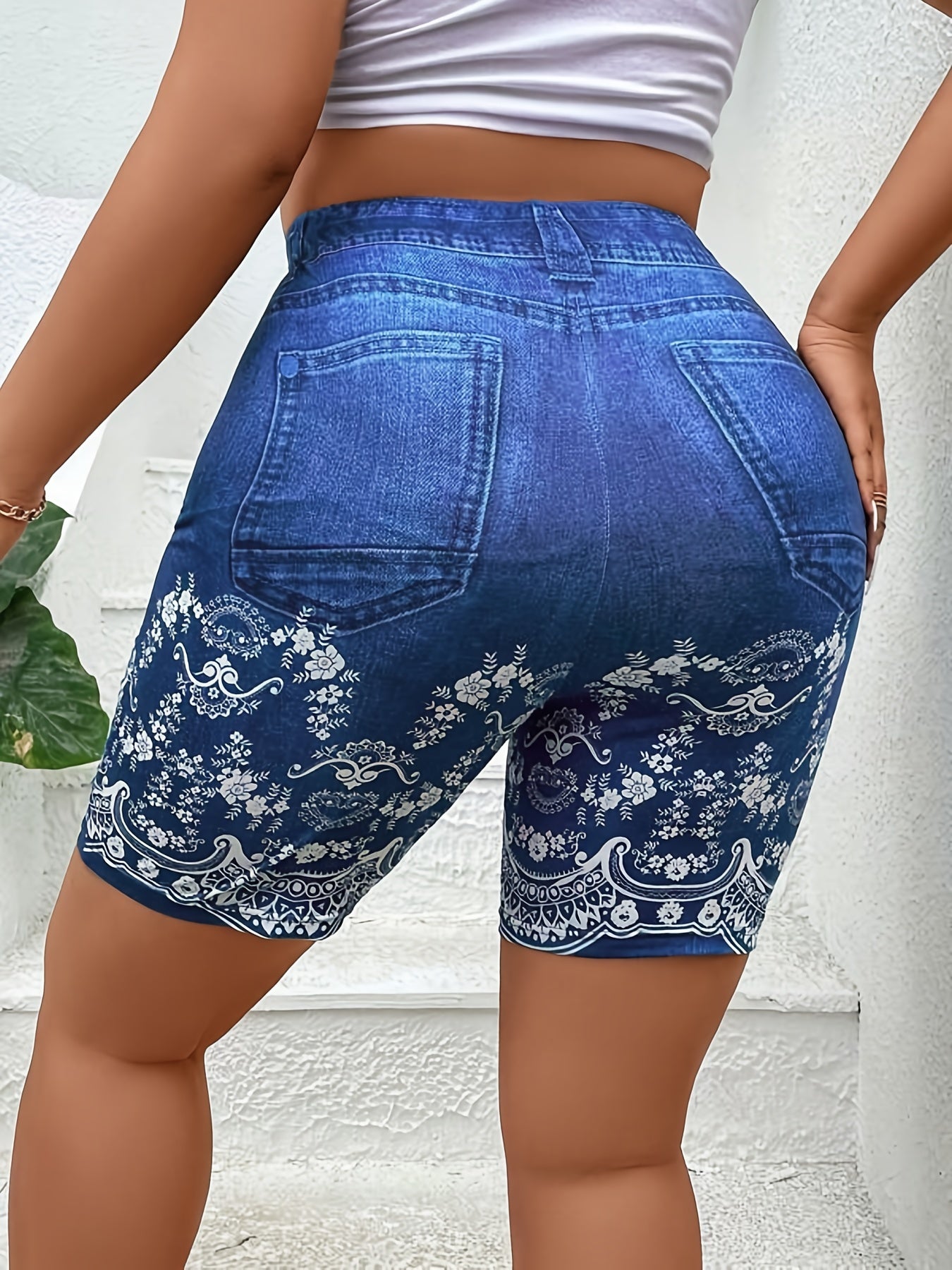 Denim Print High Waist Leggings Casual Leggings for Spring & Summer