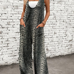 Leopard Print Loose Wide Leg Overall Jumpsuit for Women