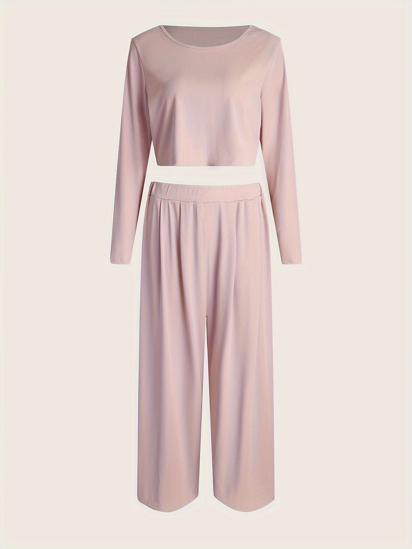 Solid Ribbed Crop Top & Wide Leg Pants Set