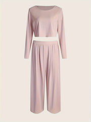 Solid Ribbed Crop Top & Wide Leg Pants Set