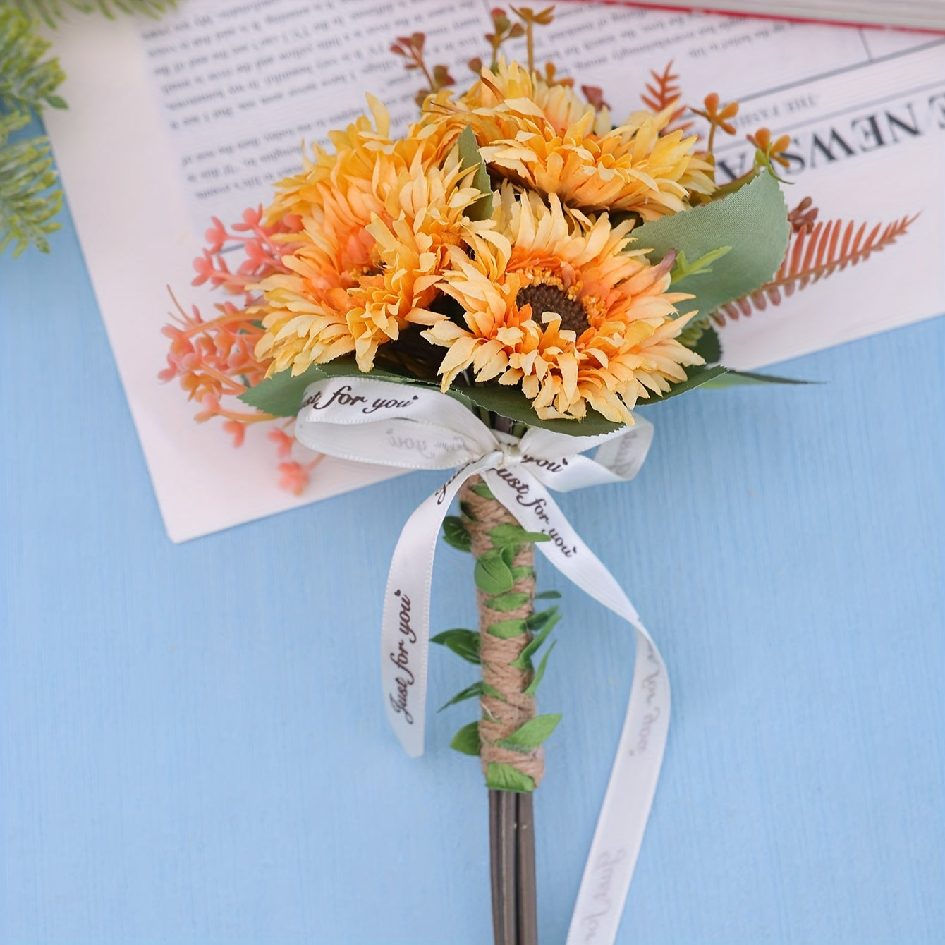 Boho Sunflower Bridal Bouquet, Handcrafted Leaves, Ribbon, Wedding Accessory