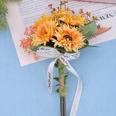 Boho Sunflower Bridal Bouquet, Handcrafted Leaves, Ribbon, Wedding Accessory